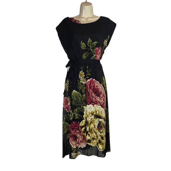 Vintage Dresses & Skirts - Vtg Boat Neck Large Floral Print Midi Dress Ciffon Feminine Korean Roses Large